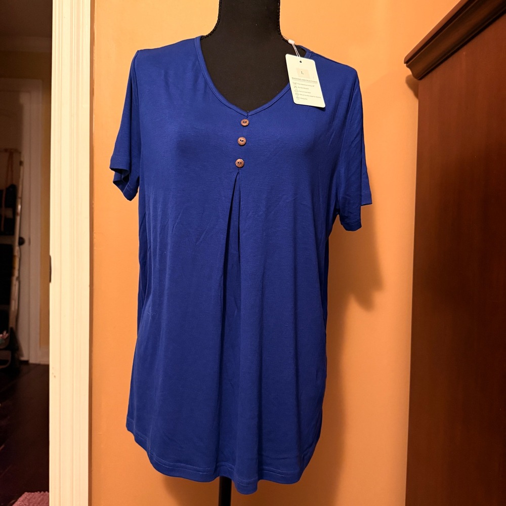 Dearmsrose Henley Tunic Women Large Blue New Short Sleeve Pleated V-Neck Top